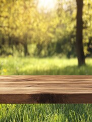 Fototapeta premium Natural Rustic Wooden Table Surface in Vibrant Green Forest Landscape with Soft Sunlight Streaming Through Trees in Beautiful Outdoor Setting