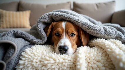 Shepherd Dog Resting on Sofa, Concealed and Wrapped in Blankets