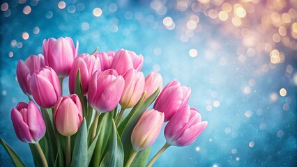 Obraz premium Low Light Pink Tulips Blue Background Mothers Day Birthday Valentine Card Banner
