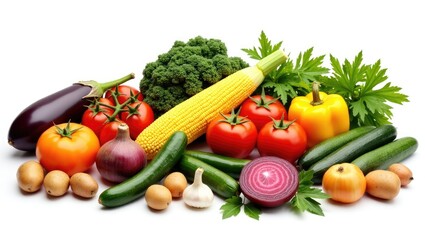 Set of ripe natural veggies harvest on an organic farm. Tomatoes, corn, potatoes, cucumbers, beetroot, garlic, onion. Isolated healthy lifestyle food on white background.