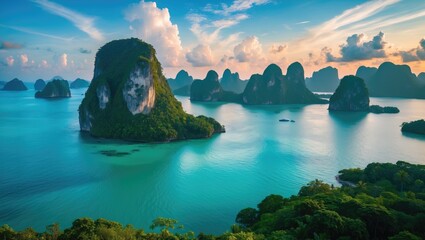 Scenic nature, tropical island sunset landscape and bay in turquoise waters, aerial perspective. Travel journey concept.