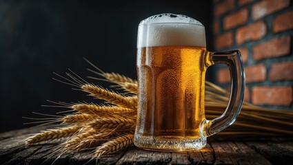 Beer beside brick wall