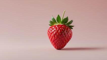 Single strawberry against a pastel pink backdrop. Fresh, ripe strawberries. Minimal berry concept. Flat lay perspective with empty space.