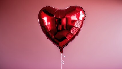 Floating shiny red heart-shaped balloon against a pink background.