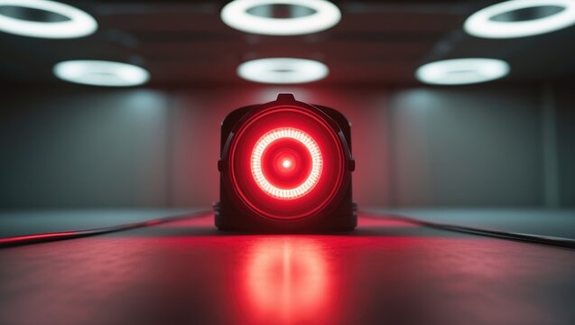 Red light scanner in a modern setting with round overhead lights illuminating the scene.
