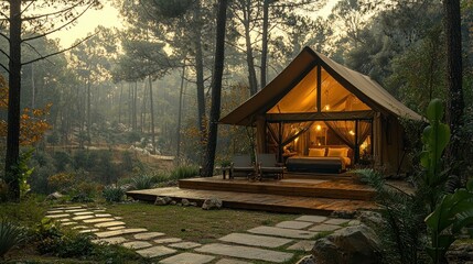 Luxurious glamping tent in a forest setting at dawn.