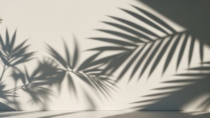 Shadow of tropical leaves backdrop. Palm leaf shadows cast on a wall background.