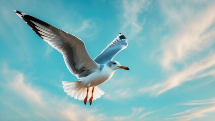 Obraz premium A magnificent seagull captures attention as it glides through the air with its wings fully spread. The vivid blue sky acts as a stunning backdrop, accentuating the bird's graceful and commanding pr...