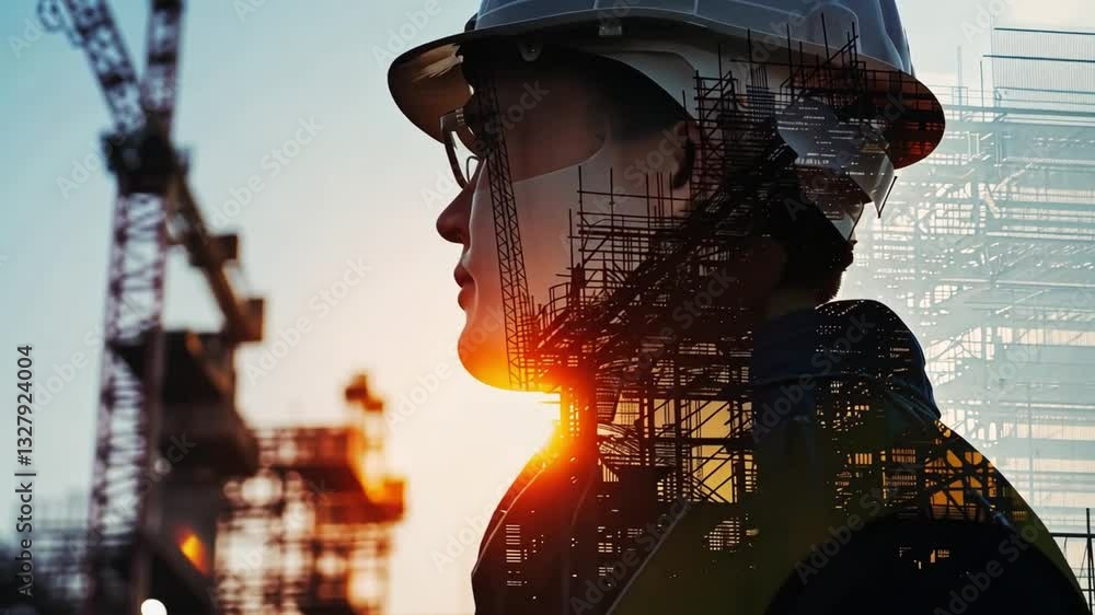 Poster silhouette of construction worker with helmet at sunset progress and development in construction ind