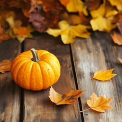 A small pumpkin rests on a rustic wooden surface, surrounded by autumn leaves. The warm colors and textures create a cozy fall scene.