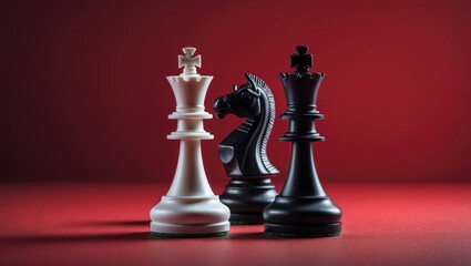 Two chess kings positioned on a red surface, representing competition and strategy in the classic board game. The strong contrast highlights their significance.