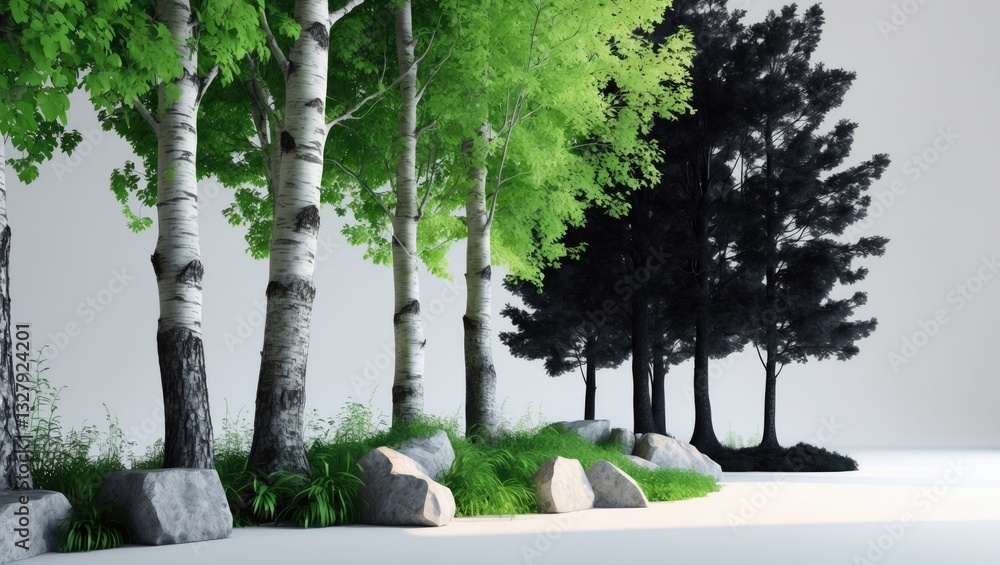 Poster birch trees among rocks and vegetation set against a white background with an alpha mask for isolati