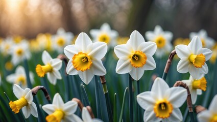 Narcissus flowers in close-up. Floral spring backdrop. Blooming daffodils in a field. White flowers against a dark background. Seasonal design wallpaper.