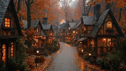 Charming fairytale village street on a rainy autumn day.