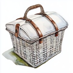 Watercolor Illustration of a White Wicker Picnic Basket with Brown Leather Straps