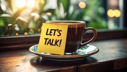 Note on a coffee cup in a cafe featuring the text LET'S TALK, representing the idea of having tough conversations with loved ones, partners, children, colleagues, bosses, staff, or family, to enhan...