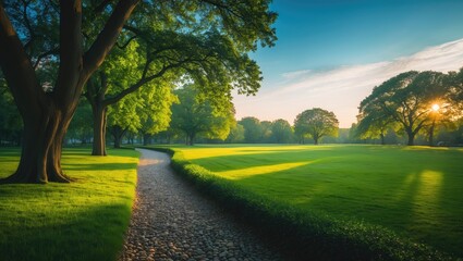 Obraz premium Panoramic view of a green city park at dawn.