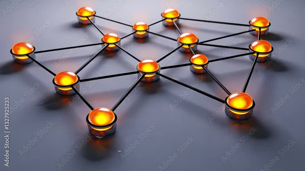 Poster glowing network of orange nodes and black lines on dark surface symbolizing connectivity, technology