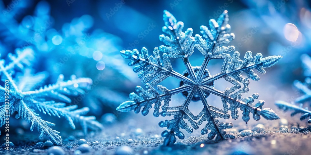 Poster luminous snowflake macro: delicate ice crystals on frosted background
