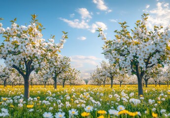 Scenic Landscape of Blooming Apple Trees in a Vibrant Meadow Filled with Colorful Wildflowers Under a Bright Blue Sky with Fluffy Clouds