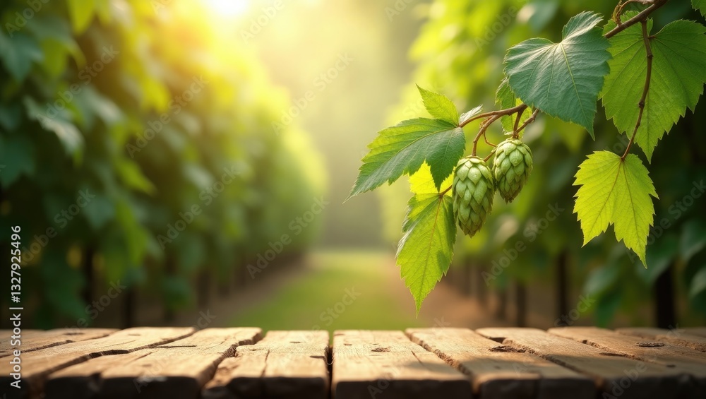 Poster product presentation - rustic wooden table set against a plantation of green ripe hop cones illumina