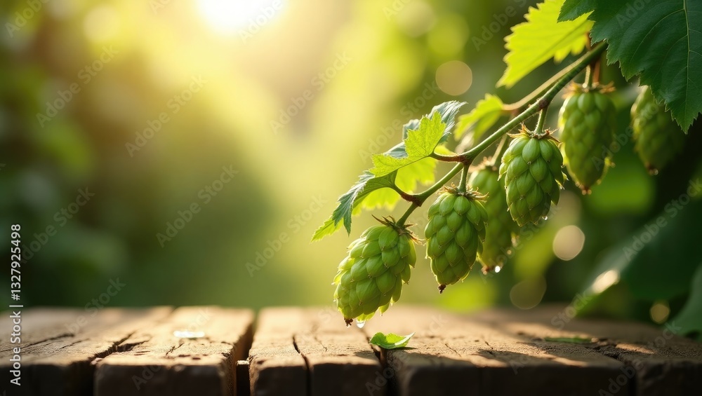 Poster product showcase - rustic wooden table positioned before a plantation of green ripe hop cones illumi