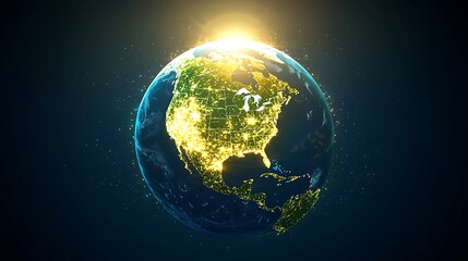 Earth at night, North America highlighted.  Global perspective of the planet, showing city lights illuminating the continents.  A digital illustration with detailed imagery