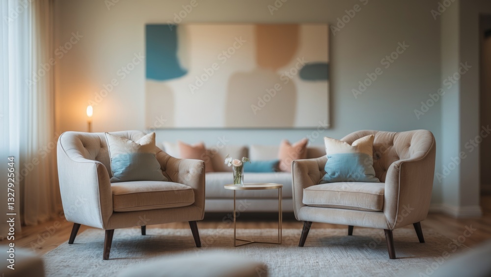 Poster blurred background of a tranquil therapy room featuring plush armchairs and uplifting wall art, crea