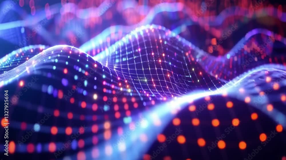 Poster vibrant digital landscape of undulating waves with glowing dots and lines creating futuristic and dy
