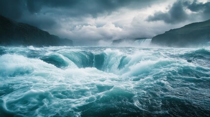 Fototapeta premium Powerful Waterfall with Turbulent Water and Dramatic Sky