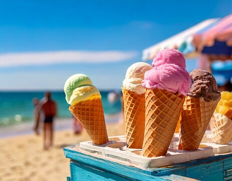 Closeup of a selection of pastel color ice cream scoops in waffle cones from an icecream truck on the beach on a hot summers day with the blue ocean sand and sky in the background