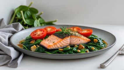 Salmon fillet roasted with skin served on a bed of spinach vegetables and tomatoes, a healthy low carb diet meal, with copy space and selected focus.