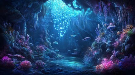 Obraz premium Luminous Underwater Cave with Glowing Coral Reef and Fish