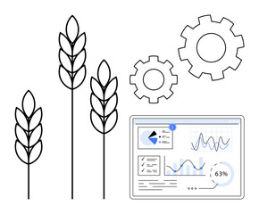 Wheat stalks alongside gears and data analytics dashboard showing charts, graphs, and metrics. Ideal for agriculture, technology, innovation, sustainability, farming efficiency, productivity flat