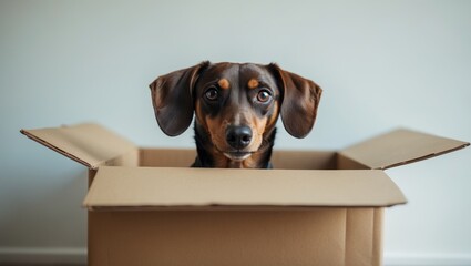 Dog sitting inside a box against a white background.