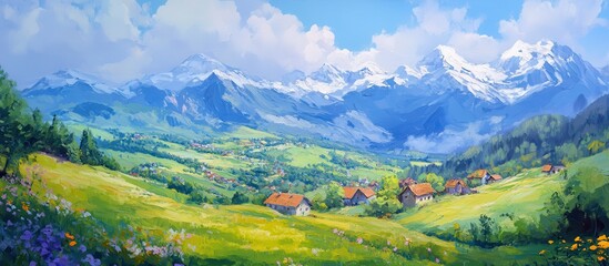 Naklejka premium Scenic Mountain Landscape with Lush Green Valley and Charming Cottage Houses under a Clear Blue Sky and Majestic Snow-Capped Peaks