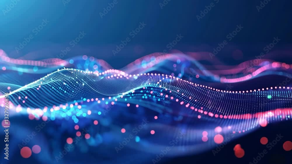 Poster vibrant digital landscape of glowing, undulating waves with interconnected dots and lines creating f
