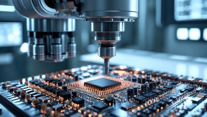 Silicon dies are being affixed to the substrate using a pick and place machine.