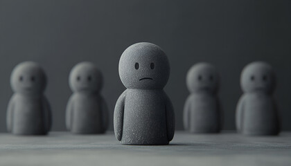 Concept of loneliness. Human figure with sad face, distant from others on gray background