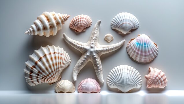 Seashell assortment separated against a white background.