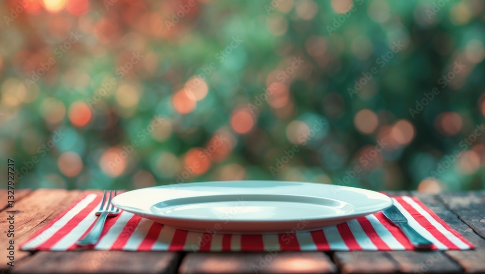 Poster Empty plate with silverware placed on a wooden table against a bokeh background.