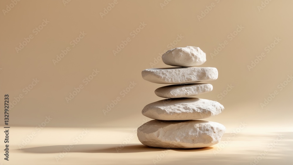 Poster empty podium of stacked stones on a beige background. minimalist product presentation display scene.