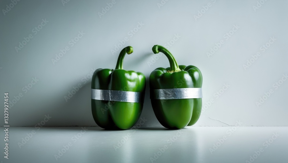 Poster A green pepper is firmly affixed to a wall with duct tape, presenting a creative and conceptual method of combining food and art. This unique arrangement encourages viewers to reflect on its signif...