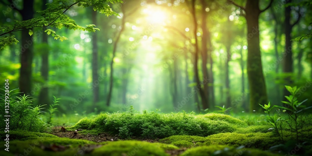 Poster lush green forest with soft bokeh & empty space for text - nature stock photo
