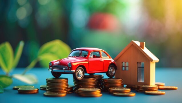 Education, car and house model on saving coins for money and calculator representing the basics of life for loan and insurance concept.