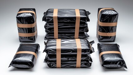 Isolated seized drug bag. Package of drugs, bricks, pack, smuggling, trafficking against a white backdrop.