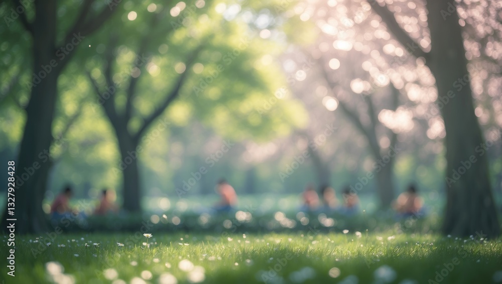 Aufkleber defocused bokeh background of a garden featuring blossoming trees on a sunny day, as a backdrop.