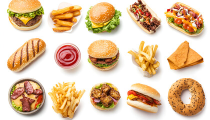 Collage with different tasty fast food on white background