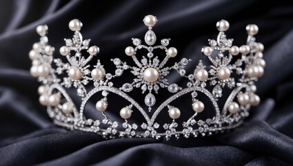 Fototapeta premium silver diadem featuring diamonds and pearls set against the fabric