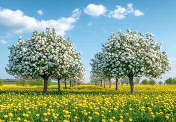Obraz premium Scenic Spring Landscape with Blooming White Trees and Vibrant Yellow Dandelions Under a Clear Blue Sky